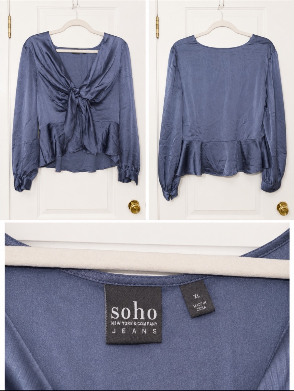 New York & Company Soho Satin Tie-Front Blouse in Dusty Blue